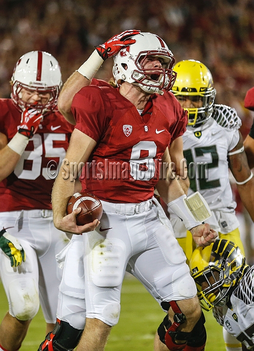 2013-Stanford-Oregon-025.JPG - Nov. 7, 2013; Stanford, CA, USA; Stanford Cardinal quarterback Kevin Hogan (8) reacts after scoring on an 11 yard run in the second quarter against the Oregon Ducks at Stanford Stadium. Stanford defeated Oregon 26-20.